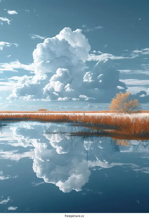 Reeds Reflecting Blue Sky and White Clouds