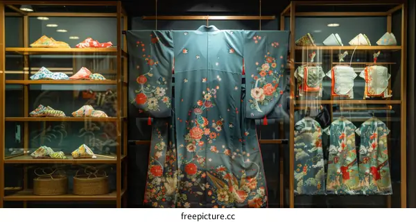 Kimono with floral pattern displayed in a store