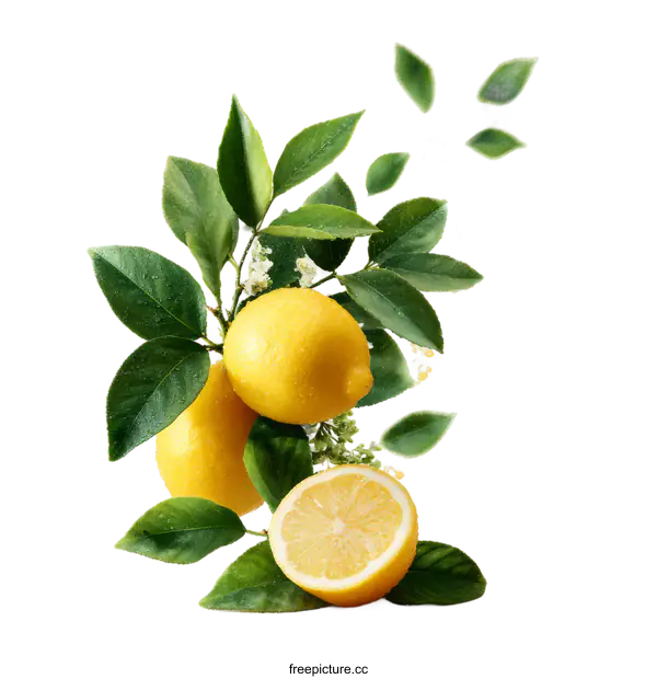 [Transparent Background PNG]Fresh Lemons with Leaves and Flowers