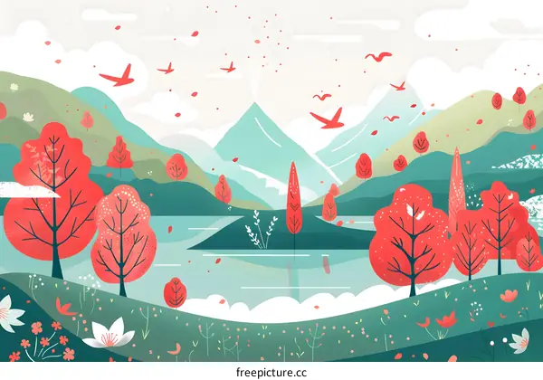 Spring Landscape with Red Trees and Birds Flying