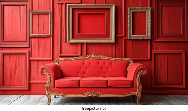 Red Room with Picture Frames and Sofa