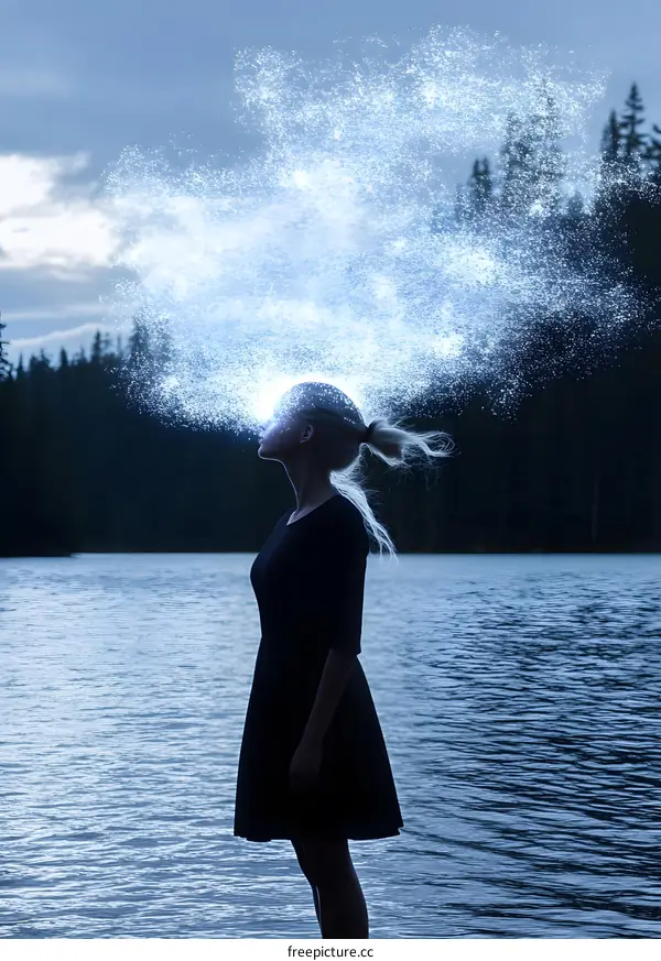 Woman in Black Dress with Sparkling Lights Over Her Head Near Water