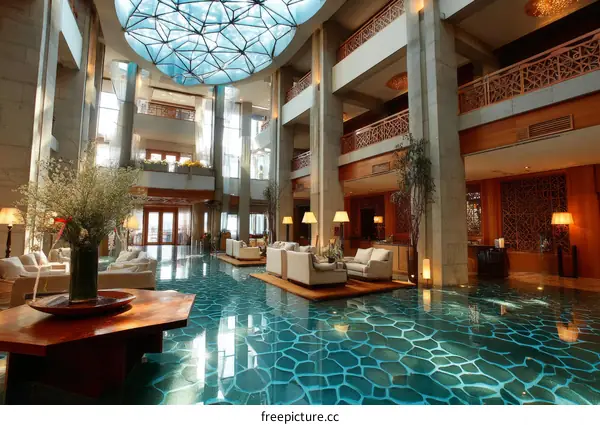 Luxury Hotel Lobby with Water Feature Floor