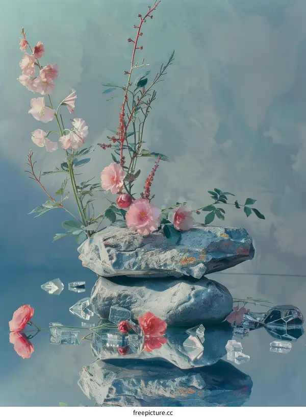 Pink Flowers on Rocks with Reflection
