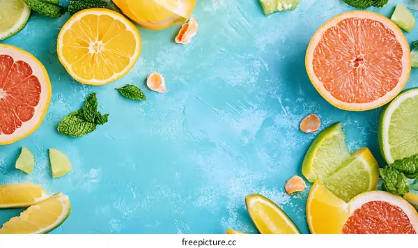 Fresh Citrus Fruits and Mint on a Blue Background