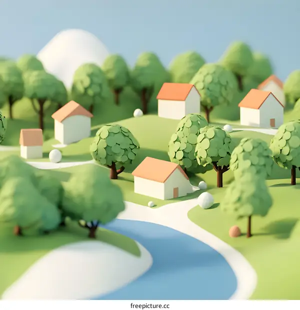 Low Poly 3D Illustration Of Small Houses In A Green Forest With A River