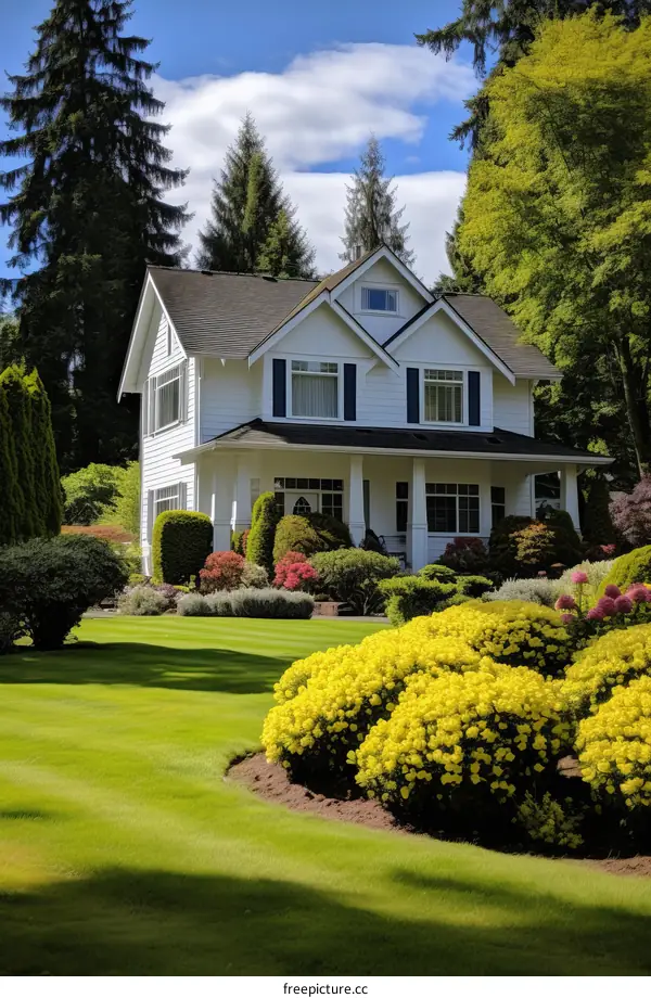 A beautiful two-story house with a lush green lawn and colorful flowers