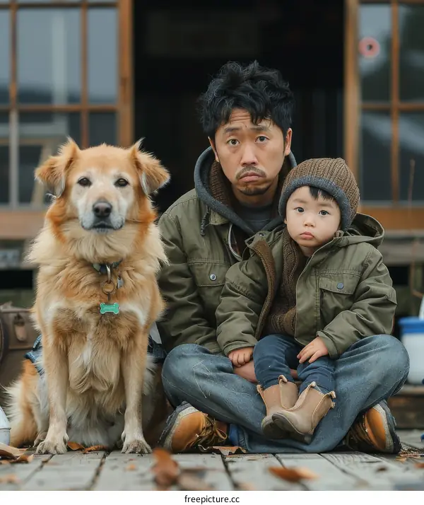 A father and his son sitting on a porch with their dog