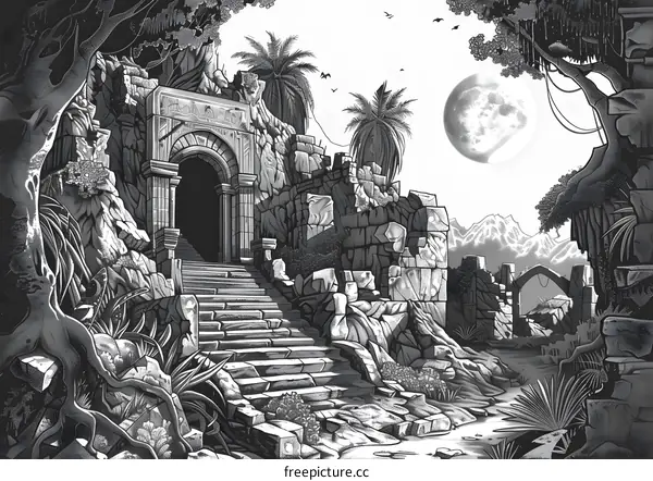 Ancient Ruins Under a Full Moon