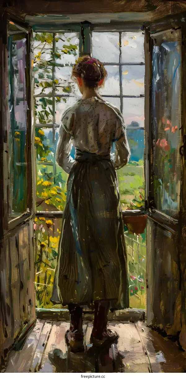 A woman standing in a doorway looking out at a field