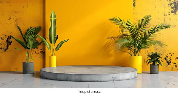 Yellow Wall With Plants And A Platform