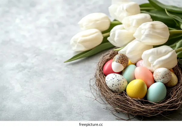 Easter Eggs in a Nest with Tulips