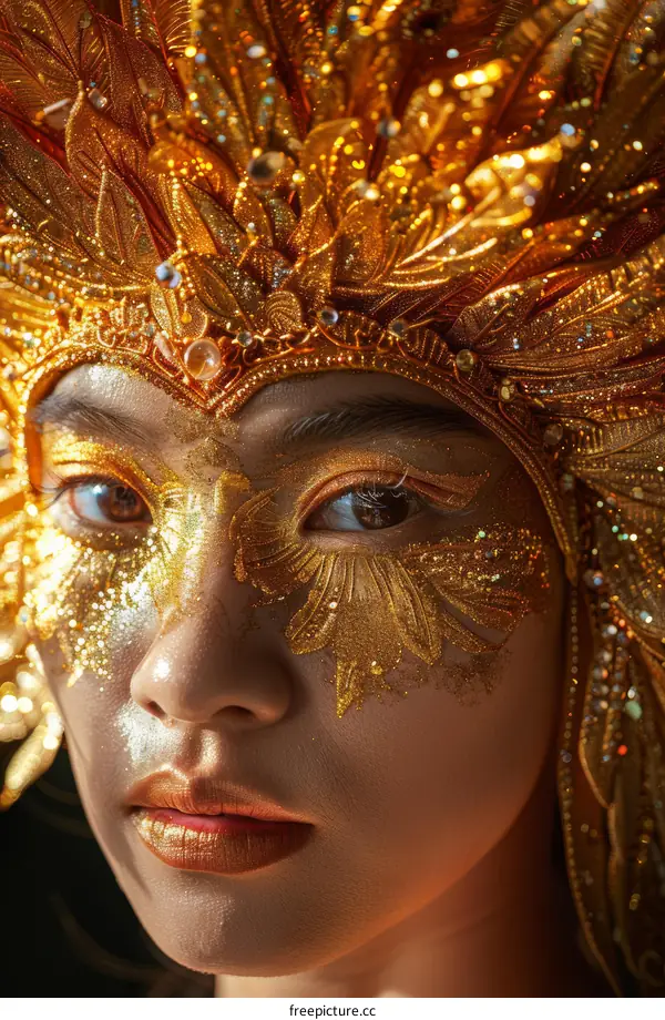Portrait of a woman wearing a golden headdress