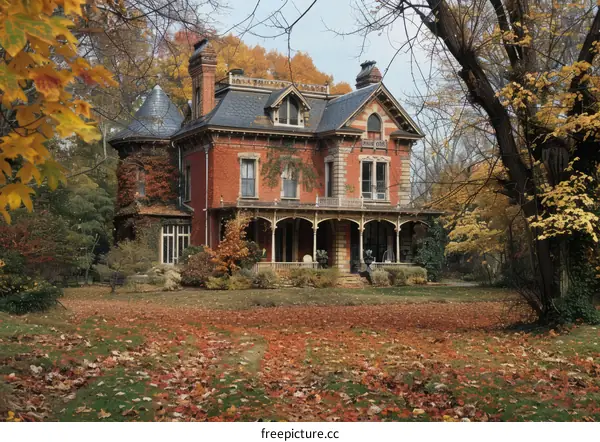 Large Red Brick Victorian House with Slate Roof Surrounded by Fallen Leaves in Autumn