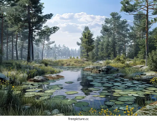 Tranquil Forest Clearing with Lily-Padded Pond
