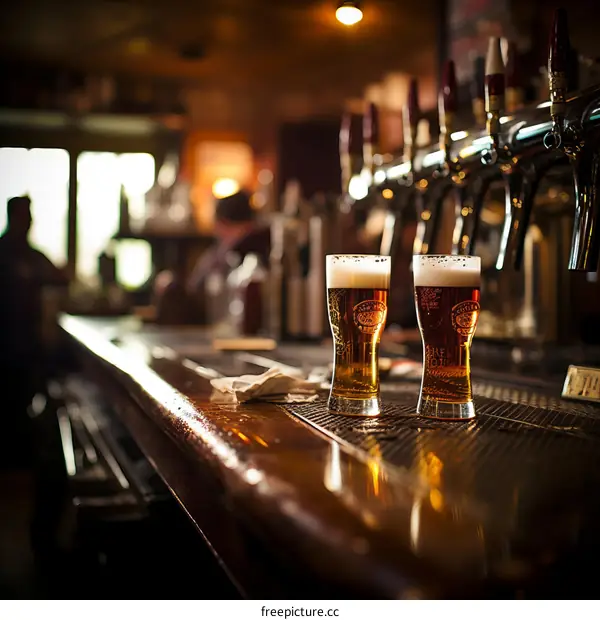 Two glasses of beer on a bar counter