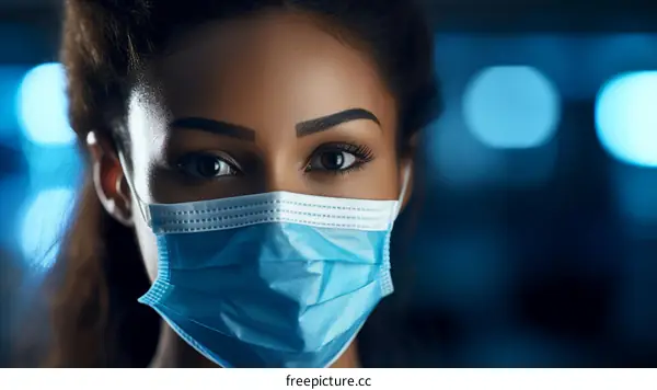 Close-up portrait of a young African-American woman wearing a medical face mask