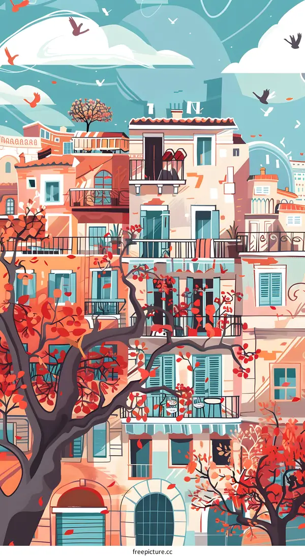 Autumn Leaves Falling in Front of European Buildings