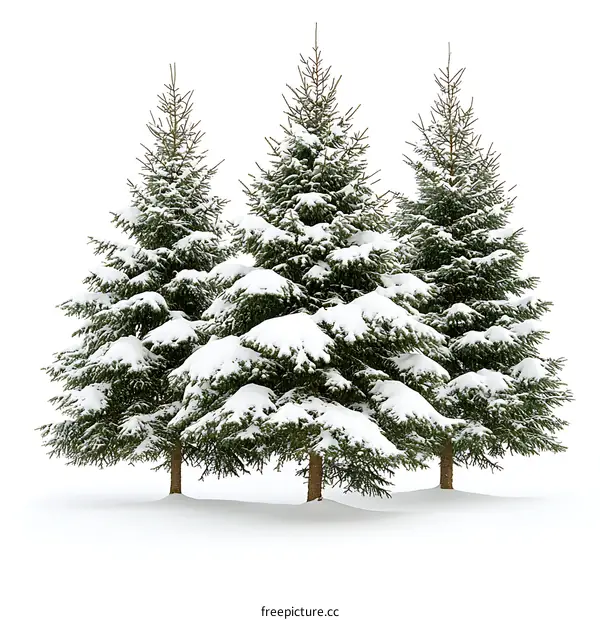 Three Snowy Fir Trees Against White Background