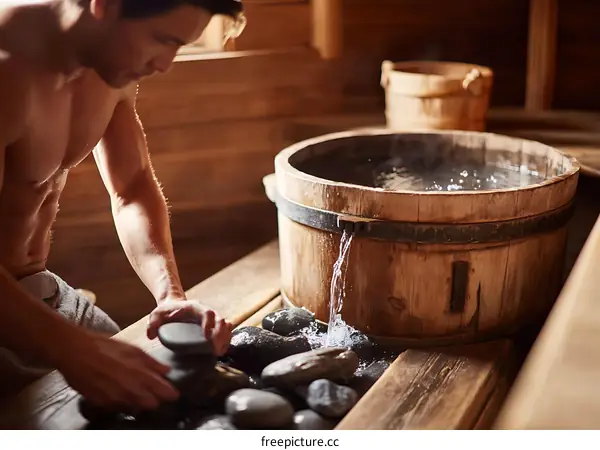 Man enjoying a traditional wooden sauna experience