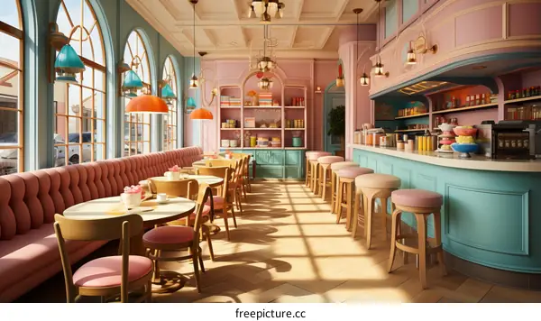Retro pink and blue pastel color palette cafe interior design