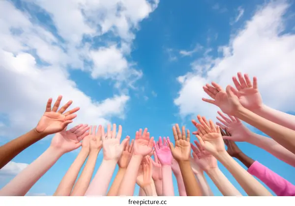 A group of people reaching for the sky