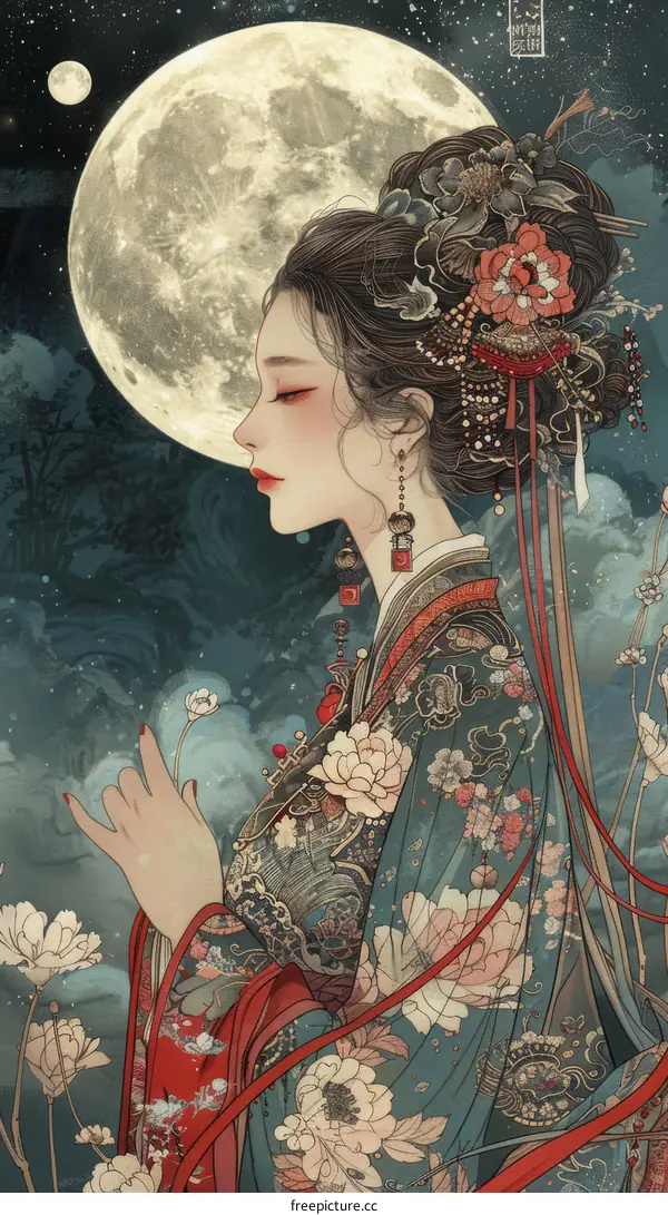 An oriental lady with traditional hair accessories and clothes stands in front of the moon
