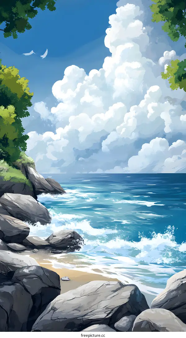 Sea Shore View With White Clouds and Birds