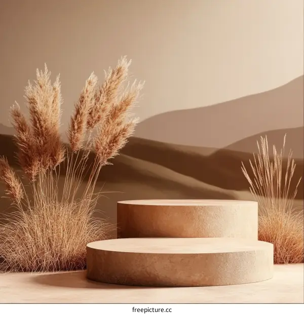 Beige Desert Scene with Wooden Podiums