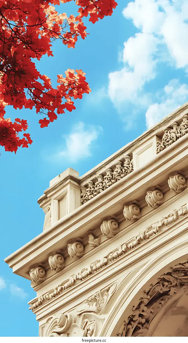 Architectural Detail of a Building with Red Leaves