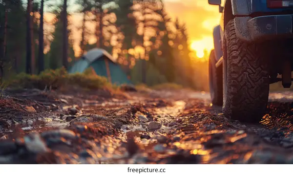 An off-road vehicle drives through a forest at sunset with a tent in the distance