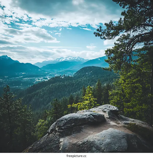 Mountain View From Rock Outcropping With Forest In Foreground