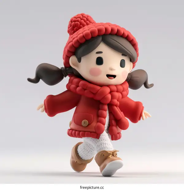 Cute 3D Illustration of a Girl with a Red Coat and Hat