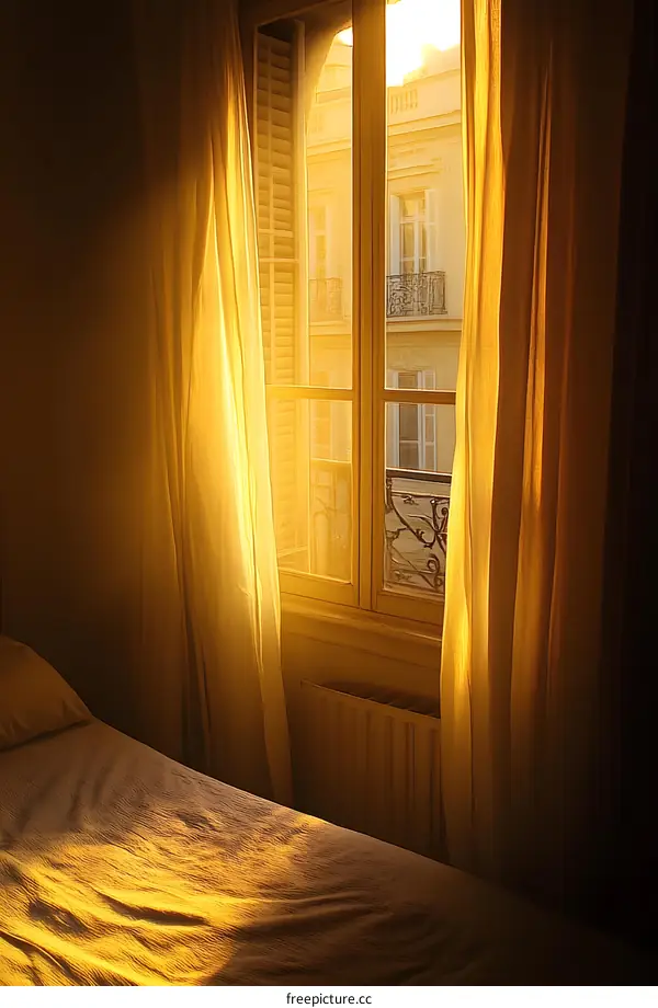 Sunlight Streaming Through Curtains In Bedroom With Bed