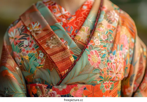 A close-up of a woman wearing a kimono