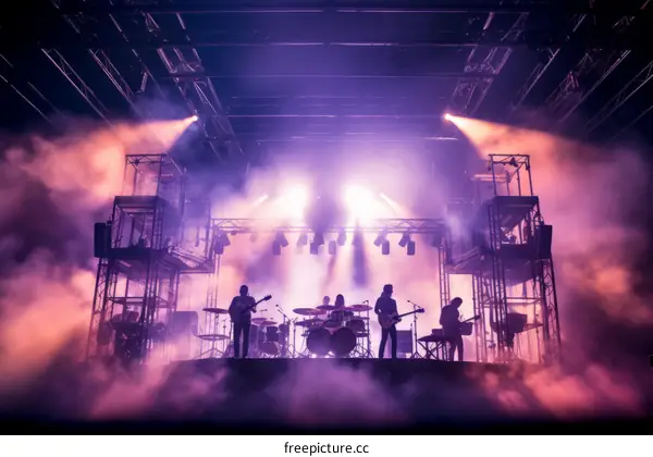 Rock band performing on stage with purple lights