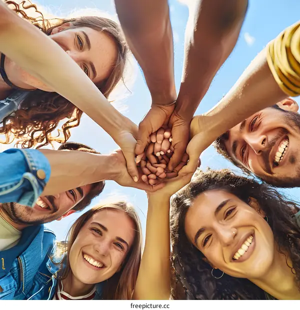 Diverse Group Of Friends Smiling And Putting Their Hands Together