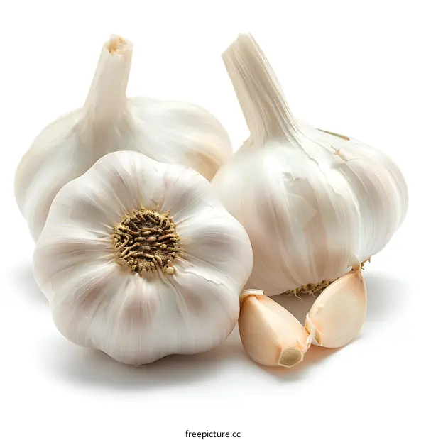 Three garlic bulbs with cloves isolated on white background