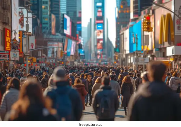 Crowded street in New York City with people crossing the road