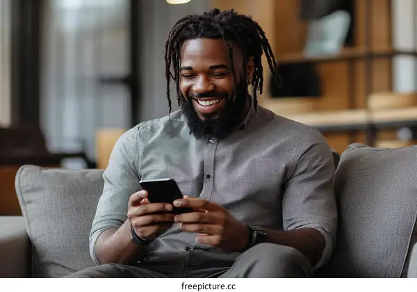 Happy African Man Using Smartphone
