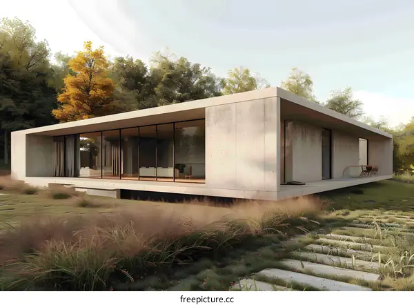 Modern Concrete House with Large Windows and Grassy Lawn