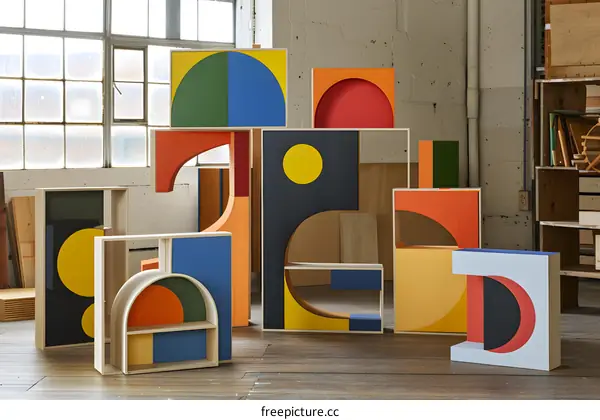Abstract Geometric Shapes Wooden Sculptures Art Installation
