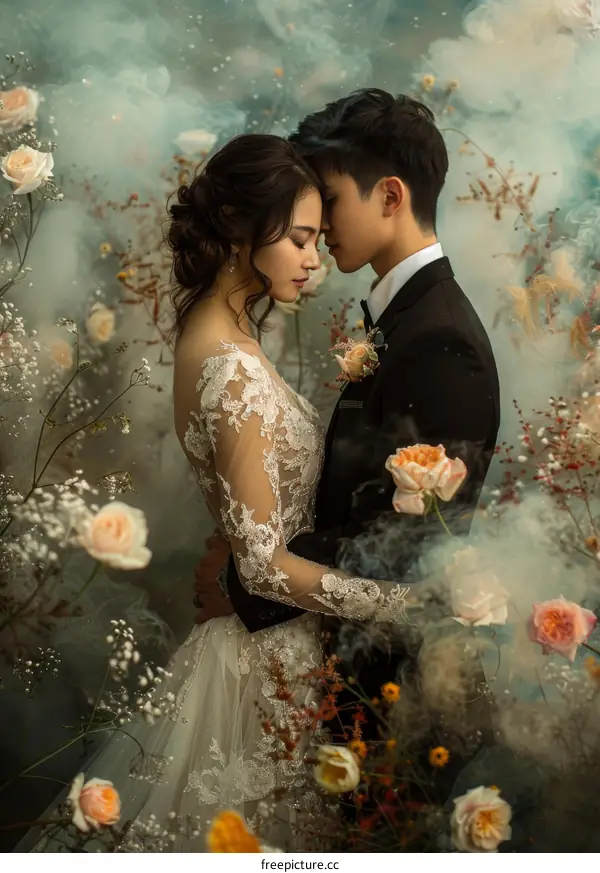 Asian couple in wedding dress and tuxedo in a floral surrounding
