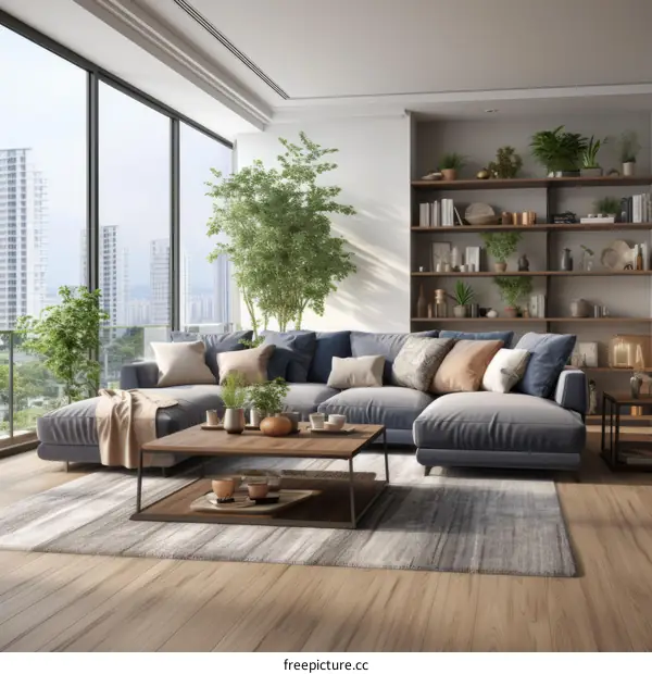Airy and bright living room with large windows and a comfortable seating area.