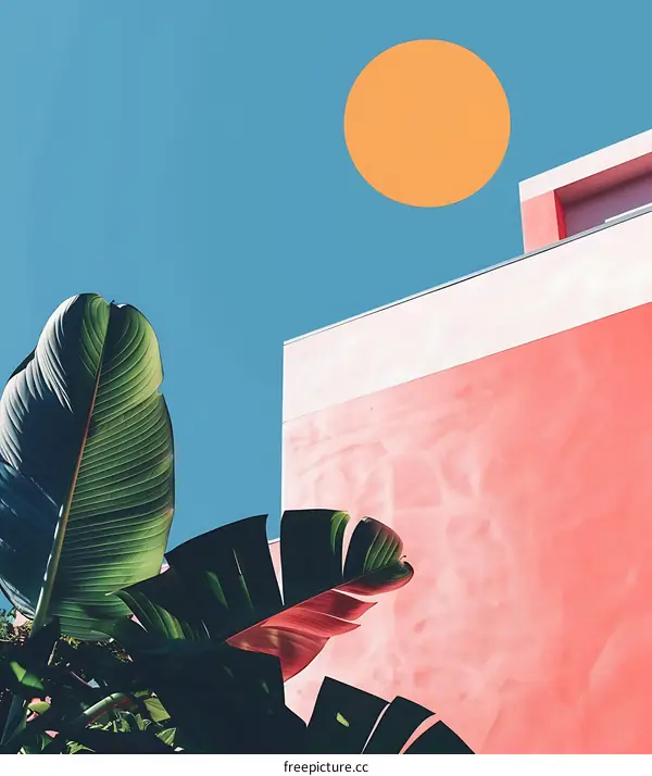 Minimalist Tropical Palm Leaves  Against a Pink Building With a Round Sun  in the Sky