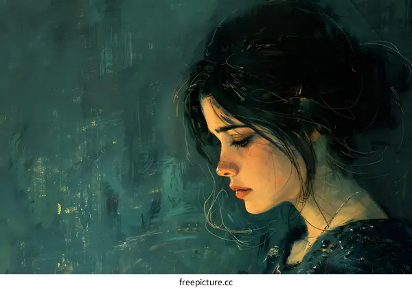 An illustration of a pensive young woman with dark hair and freckles against a dark green background