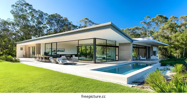 Modern House with Pool and Lush Green Grass