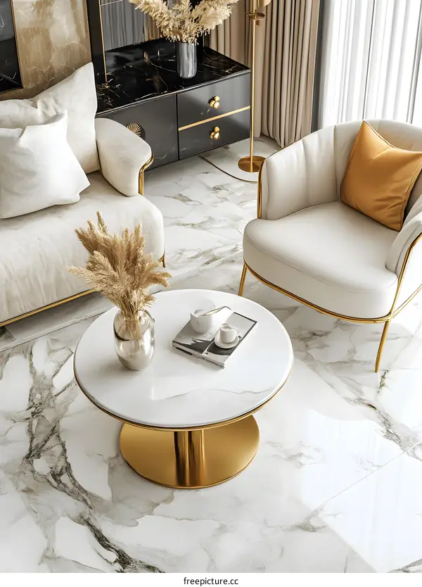 Modern Living Room Interior Design with White Marble Floor and Gold Accents