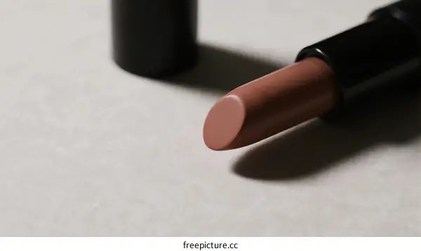 Close-up view of a beige lipstick with black cap on light background