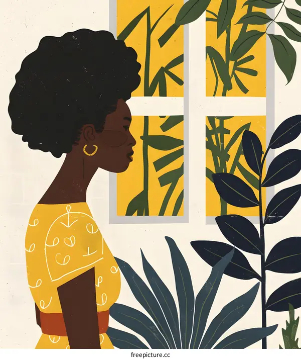 Black Woman Looking Out Window With Plants